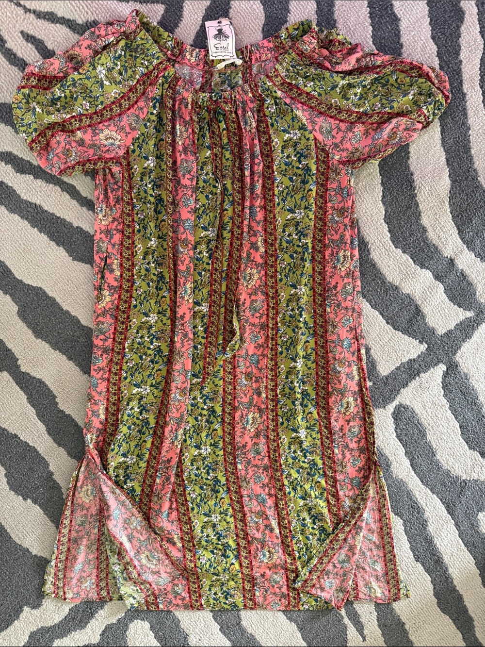easel Coral & Olive Floral Off-Shoulder Peasant Dress